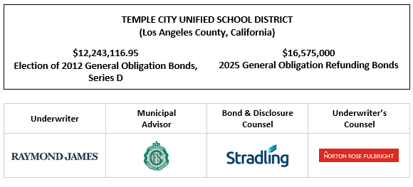 TEMPLE CITY UNIFIED SCHOOL DISTRICT (Los Angeles County, California) $12,243,116.95 Election of 2012 General Obligation Bonds, Series D $16,575,000 2025 General Obligation Refunding Bonds FOS POSTED 6-18-25