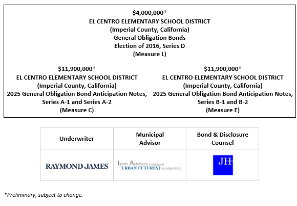 $4,000,000* EL CENTRO ELEMENTARY SCHOOL DISTRICT (Imperial County, California) General Obligation Bonds Election of 2016, Series D (Measure L) $11,900,000* EL CENTRO ELEMENTARY SCHOOL DISTRICT (Imperial County, California) 2025 General Obligation Bond Anticipation Notes, Series A-1 and Series A-2 (Measure C) $11,900,000* EL CENTRO ELEMENTARY SCHOOL DISTRICT (Imperial County, California) 2025 General Obligation Bond Anticipation Notes, Series B-1 and B-2 (Measure E) POS POSTED 6-11-25