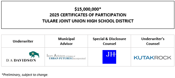 $15,000,000* 2025 CERTIFICATES OF PARTICIPATION Evidencing the Direct, Undivided Fractional Interests of the Owners Thereof in Lease Payments to be Made by the TULARE JOINT UNION HIGH SCHOOL DISTRICT to the Local Facilities Finance Corporation POS POSTED 6-16-25