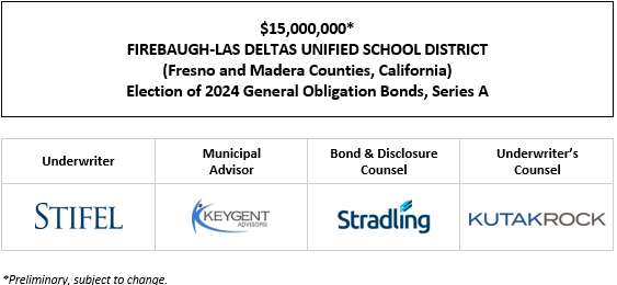 $15,000,000* FIREBAUGH-LAS DELTAS UNIFIED SCHOOL DISTRICT (Fresno and Madera Counties, California) Election of 2024 General Obligation Bonds, Series A POS POSTED 7-10-25