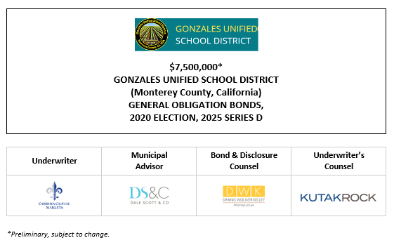 $7,500,000* GONZALES UNIFIED SCHOOL DISTRICT (Monterey County, California) GENERAL OBLIGATION BONDS, 2020 ELECTION, 2025 SERIES D POS POSTED 7-21-25