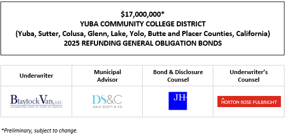 $17,000,000* YUBA COMMUNITY COLLEGE DISTRICT (Yuba, Sutter, Colusa, Glenn, Lake, Yolo, Butte and Placer Counties, California) 2025 REFUNDING GENERAL OBLIGATION BONDS POS POSTED 7-22-25