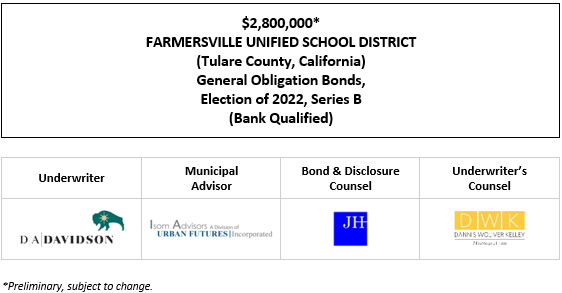 $2,800,000* FARMERSVILLE UNIFIED SCHOOL DISTRICT (Tulare County, California) General Obligation Bonds, Election of 2022, Series B (Bank Qualified) POS POSTED 7-23-25