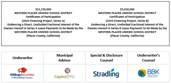 $21,230,000 WESTERN PLACER UNIFIED SCHOOL DISTRICT Certificates of Participation (2025 Financing Project, Series A) Evidencing a Direct, Undivided Fractional Interest of the Owners Hereof in Series A Lease Payments to be Made by the WESTERN PLACER UNIFIED SCHOOL DISTRICT (Placer County, California) $3,020,000 WESTERN PLACER UNIFIED SCHOOL DISTRICT Certificates of Participation (2025 Financing Project, Series B) Evidencing a Direct, Undivided Fractional Interest of the Owners Hereof in Series B Lease Payments to be Made by the WESTERN PLACER UNIFIED SCHOOL DISTRICT (Placer County, California) FOS POSTED 7-22-25
