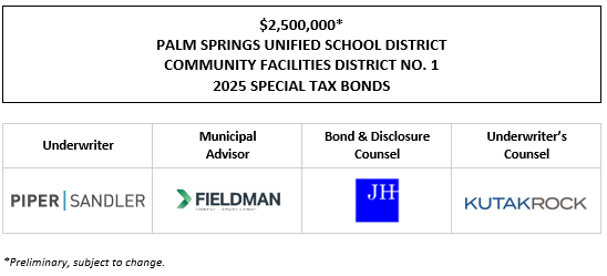 $2,500,000* PALM SPRINGS UNIFIED SCHOOL DISTRICT COMMUNITY FACILITIES DISTRICT NO. 1 2025 SPECIAL TAX BONDS POS POSTED 7-11-25
