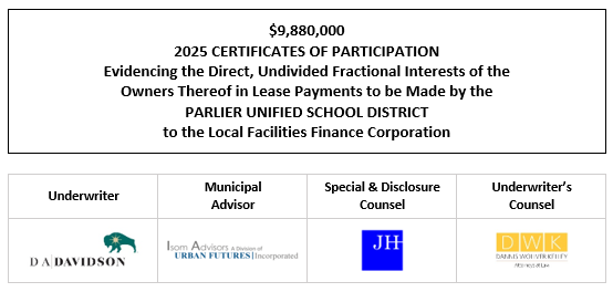 $9,880,000 2025 CERTIFICATES OF PARTICIPATION Evidencing the Direct, Undivided Fractional Interests of the Owners Thereof in Lease Payments to be Made by the PARLIER UNIFIED SCHOOL DISTRICT to the Local Facilities Finance Corporation FOS POSTED 8-27-25