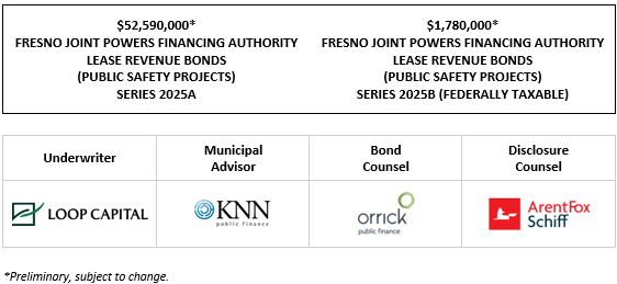 $52,590,000* FRESNO JOINT POWERS FINANCING AUTHORITY LEASE REVENUE BONDS (PUBLIC SAFETY PROJECTS) SERIES 2025A $1,780,000* FRESNO JOINT POWERS FINANCING AUTHORITY LEASE REVENUE BONDS (PUBLIC SAFETY PROJECTS) SERIES 2025B (FEDERALLY TAXABLE) POS POSTED 8-21-25