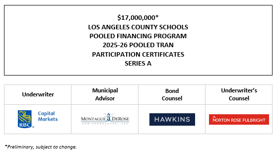 $17,000,000* LOS ANGELES COUNTY SCHOOLS POOLED FINANCING PROGRAM 2025-26 POOLED TRAN PARTICIPATION CERTIFICATES SERIES A POS POSTED 8-26-25