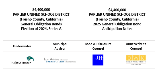 $4,400,000 PARLIER UNIFIED SCHOOL DISTRICT (Fresno County, California) General Obligation Bonds Election of 2024, Series A $4,400,000 PARLIER UNIFIED SCHOOL DISTRICT (Fresno County, California) 2025 General Obligation Bond Anticipation Notes FOS POSTED 8-22-25