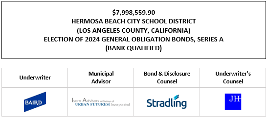 $7,998,559.90 HERMOSA BEACH CITY SCHOOL DISTRICT (LOS ANGELES COUNTY, CALIFORNIA) ELECTION OF 2024 GENERAL OBLIGATION BONDS, SERIES A (BANK QUALIFIED) FOS POSTED 8-13-25