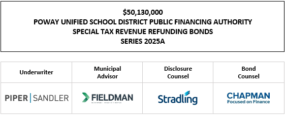 $50,130,000 POWAY UNIFIED SCHOOL DISTRICT PUBLIC FINANCING AUTHORITY SPECIAL TAX REVENUE REFUNDING BONDS SERIES 2025A FOS POSTED 9-3-25