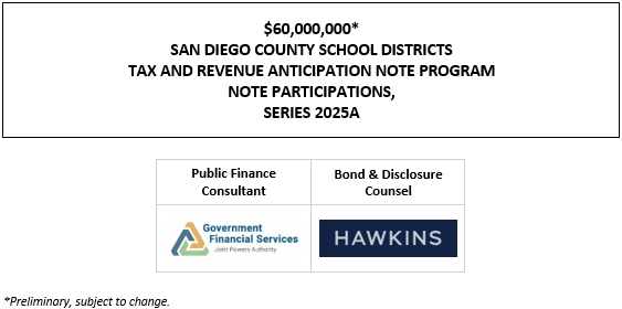 $60,000,000* SAN DIEGO COUNTY SCHOOL DISTRICTS TAX AND REVENUE ANTICIPATION NOTE PROGRAM NOTE PARTICIPATIONS, SERIES 2025A POS + NIB POSTED ON 9-11-25