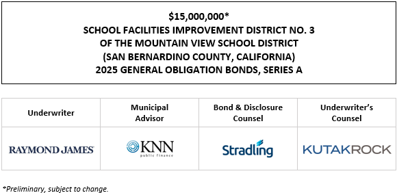 $15,000,000∗ SCHOOL FACILITIES IMPROVEMENT DISTRICT NO. 3 OF THE MOUNTAIN VIEW SCHOOL DISTRICT (SAN BERNARDINO COUNTY, CALIFORNIA) 2025 GENERAL OBLIGATION BONDS, SERIES A POS POSTED 9-17-25