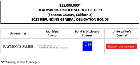 $11,000,000* HEALDSBURG UNIFIED SCHOOL DISTRICT (Sonoma County, California) 2025 REFUNDING GENERAL OBLIGATION BONDS POS POSTED 9-24-25