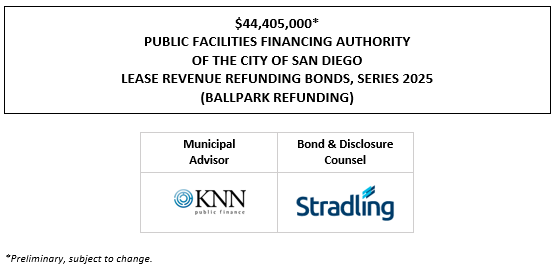 $44,405,000* PUBLIC FACILITIES FINANCING AUTHORITY OF THE CITY OF SAN DIEGO LEASE REVENUE REFUNDING BONDS, SERIES 2025 (BALLPARK REFUNDING) POS + NOS POSTED 9-18-25