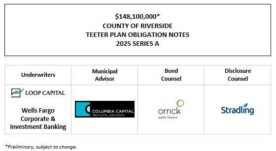 $148,100,000* COUNTY OF RIVERSIDE TEETER PLAN OBLIGATION NOTES 2025 SERIES A POS + INVESTOR PRESENTATION POSTED 9-24-25