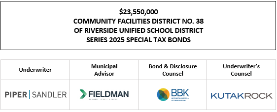 $23,550,000 COMMUNITY FACILITIES DISTRICT NO. 38 OF RIVERSIDE UNIFIED SCHOOL DISTRICT SERIES 2025 SPECIAL TAX BONDS FOS POSTED 10-16-25