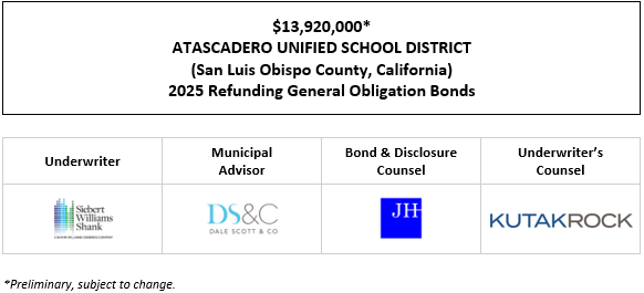 $13,920,000* ATASCADERO UNIFIED SCHOOL DISTRICT (San Luis Obispo County, California) 2025 Refunding General Obligation Bonds POS POSTED 10-8-25