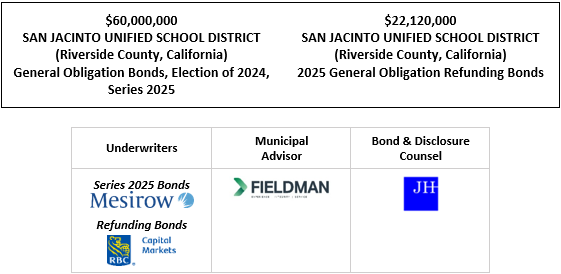 $60,000,000 SAN JACINTO UNIFIED SCHOOL DISTRICT (Riverside County, California) General Obligation Bonds, Election of 2024, Series 2025 $22,120,000 SAN JACINTO UNIFIED SCHOOL DISTRICT (Riverside County, California) 2025 General Obligation Refunding Bonds FOS POSTED 10-28-25