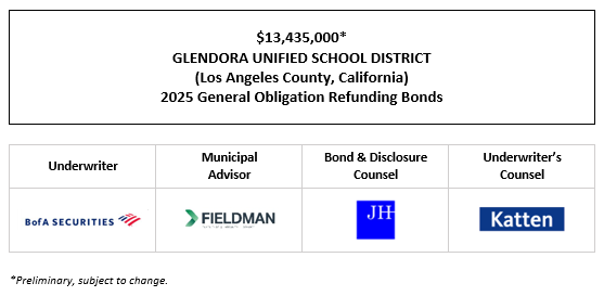$13,435,000* GLENDORA UNIFIED SCHOOL DISTRICT (Los Angeles County, California) 2025 General Obligation Refunding Bonds POS POSTED 10-30-25