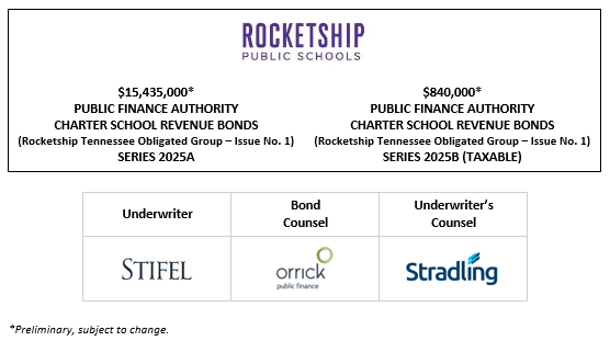 $15,435,000* PUBLIC FINANCE AUTHORITY CHARTER SCHOOL REVENUE BONDS (Rocketship Tennessee Obligated Group – Issue No. 1) SERIES 2025A $840,000* PUBLIC FINANCE AUTHORITY CHARTER SCHOOL REVENUE BONDS (Rocketship Tennessee Obligated Group – Issue No. 1) SERIES 2025B (TAXABLE) PLOM + INVESTOR PRESENTATION POSTED 10-30-25