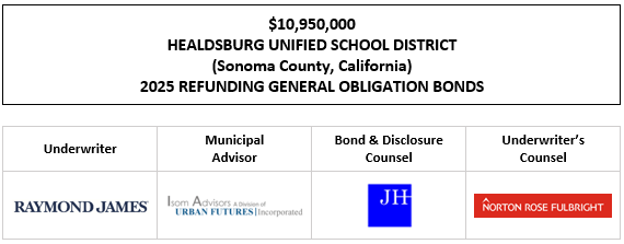 $10,950,000 HEALDSBURG UNIFIED SCHOOL DISTRICT (Sonoma County, California) 2025 REFUNDING GENERAL OBLIGATION BONDS FOS POSTED 10-8-25