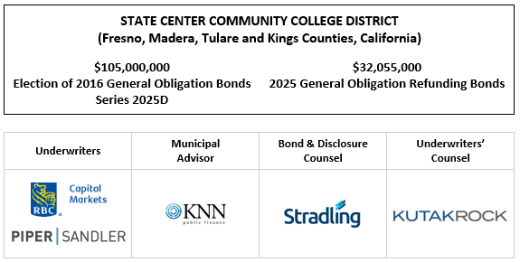 STATE CENTER COMMUNITY COLLEGE DISTRICT (Fresno, Madera, Tulare and Kings Counties, California) $105,000,000 Election of 2016 General Obligation Bonds Series 2025D $32,055,000 2025 General Obligation Refunding Bonds FOS POSTED 10-1-25