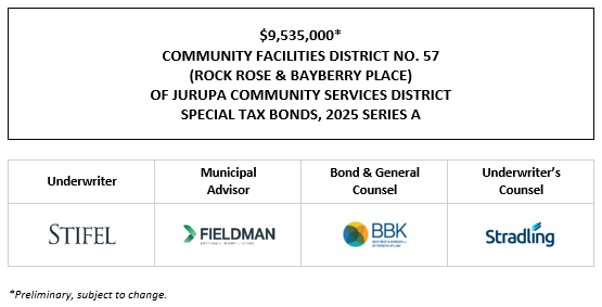 $9,535,000* COMMUNITY FACILITIES DISTRICT NO. 57 (ROCK ROSE & BAYBERRY PLACE) OF JURUPA COMMUNITY SERVICES DISTRICT SPECIAL TAX BONDS, 2025 SERIES A POS POSTED 10-15-25