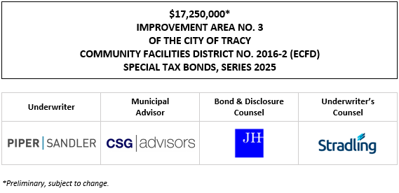 $17,250,000* IMPROVEMENT AREA NO. 3 OF THE CITY OF TRACY COMMUNITY FACILITIES DISTRICT NO. 2016-2 (ECFD) SPECIAL TAX BONDS, SERIES 2025 POS + INVESTOR PRESENTATION POSTED 10-9-25