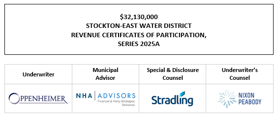 $32,130,000 STOCKTON-EAST WATER DISTRICT REVENUE CERTIFICATES OF PARTICIPATION, SERIES 2025A FOS POSTED 11-14-25