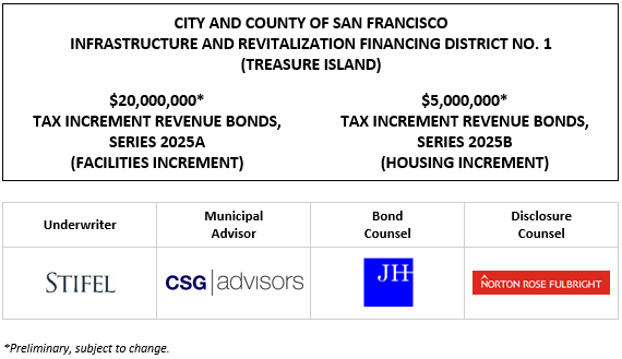 CITY AND COUNTY OF SAN FRANCISCO INFRASTRUCTURE AND REVITALIZATION FINANCING DISTRICT NO. 1 (TREASURE ISLAND) $20,000,000* TAX INCREMENT REVENUE BONDS, SERIES 2025A (FACILITIES INCREMENT) $5,000,000* TAX INCREMENT REVENUE BONDS, SERIES 2025B (HOUSING INCREMENT) POS + INVESTOR PRESENTATION POSTED 11-10-25