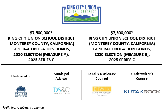 $7,500,000* KING CITY UNION SCHOOL DISTRICT (MONTEREY COUNTY, CALIFORNIA) GENERAL OBLIGATION BONDS, 2020 ELECTION (MEASURE A), 2025 SERIES C $7,500,000* KING CITY UNION SCHOOL DISTRICT (MONTEREY COUNTY, CALIFORNIA) GENERAL OBLIGATION BONDS, 2020 ELECTION (MEASURE B), 2025 SERIES C POS POSTED 11-10-25