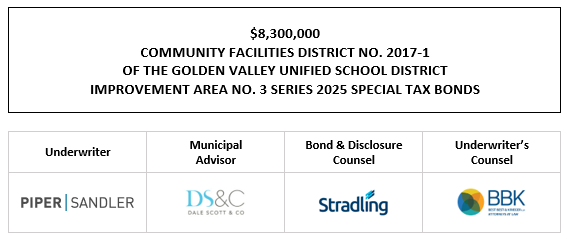 $8,300,000 COMMUNITY FACILITIES DISTRICT NO. 2017-1 OF THE GOLDEN VALLEY UNIFIED SCHOOL DISTRICT IMPROVEMENT AREA NO. 3 SERIES 2025 SPECIAL TAX BONDS FOS POSTED 12-11-25