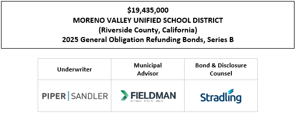 $19,435,000 MORENO VALLEY UNIFIED SCHOOL DISTRICT (Riverside County, California) 2025 General Obligation Refunding Bonds, Series B FOS POSTED 12-9-25