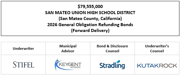 $79,555,000 SAN MATEO UNION HIGH SCHOOL DISTRICT (San Mateo County, California) 2026 General Obligation Refunding Bonds (Forward Delivery) FOS POSTED 12-10-25