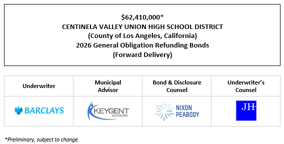 $62,410,000* CENTINELA VALLEY UNION HIGH SCHOOL DISTRICT (County of Los Angeles, California) 2026 General Obligation Refunding Bonds (Forward Delivery) POS POSTED 12-9-25