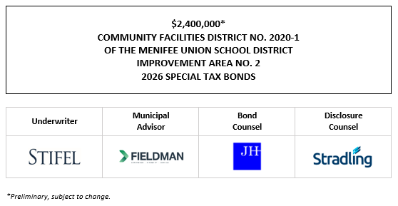 $2,400,000* COMMUNITY FACILITIES DISTRICT NO. 2020-1 OF THE MENIFEE UNION SCHOOL DISTRICT IMPROVEMENT AREA NO. 2 2026 SPECIAL TAX BONDS POS POSTED 1-6-26