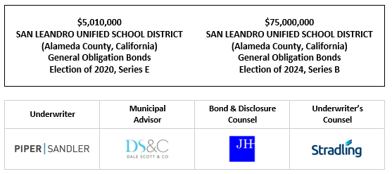 $5,010,000 SAN LEANDRO UNIFIED SCHOOL DISTRICT (Alameda County, California) General Obligation Bonds Election of 2020, Series E $75,000,000 SAN LEANDRO UNIFIED SCHOOL DISTRICT (Alameda County, California) General Obligation Bonds Election of 2024, Series B FOS POSTED 1-21-26