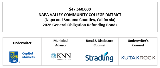 $47,560,000 NAPA VALLEY COMMUNITY COLLEGE DISTRICT (Napa and Sonoma Counties, California) 2026 General Obligation Refunding Bonds FOS POSTED 1-29-26