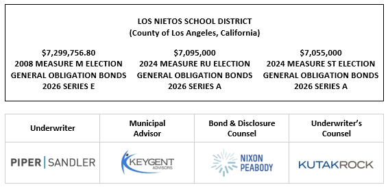 LOS NIETOS SCHOOL DISTRICT (County of Los Angeles, California) $7,299,756.80 2008 MEASURE M ELECTION GENERAL OBLIGATION BONDS 2026 SERIES E $7,095,000 2024 MEASURE RU ELECTION GENERAL OBLIGATION BONDS 2026 SERIES A $7,055,000 2024 MEASURE ST ELECTION GENERAL OBLIGATION BONDS 2026 SERIES A FOS POSTED 1-20-26
