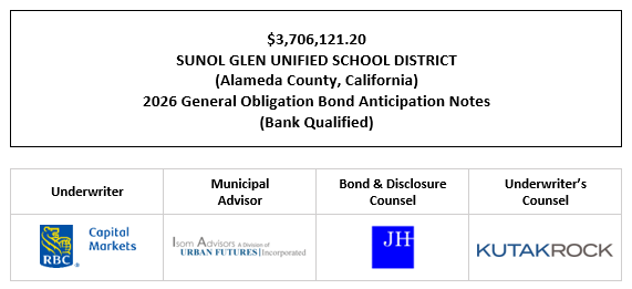 $3,706,121.20 SUNOL GLEN UNIFIED SCHOOL DISTRICT (Alameda County, California) 2026 General Obligation Bond Anticipation Notes (Bank Qualified) FOS POSTED 1-29-26