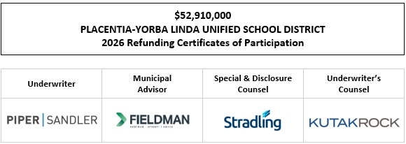 $52,910,000 PLACENTIA-YORBA LINDA UNIFIED SCHOOL DISTRICT 2026 Refunding Certificates of Participation Evidencing the Fractional Interests of the Owners Thereof in Lease Payments to be Made by the PLACENTIA-YORBA LINDA UNIFIED SCHOOL DISTRICT FOS POSTED 1-26-26