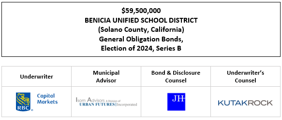 $59,500,000 BENICIA UNIFIED SCHOOL DISTRICT (Solano County, California) General Obligation Bonds, Election of 2024, Series B FOS POSTED 1-21-26
