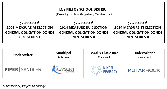 LOS NIETOS SCHOOL DISTRICT (County of Los Angeles, California) $7,000,000* 2008 MEASURE M ELECTION GENERAL OBLIGATION BONDS 2026 SERIES E $7,200,000* 2024 MEASURE RU ELECTION GENERAL OBLIGATION BONDS 2026 SERIES A $7,200,000* 2024 MEASURE ST ELECTION GENERAL OBLIGATION BONDS 2026 SERIES A POS POSTED 1-6-26