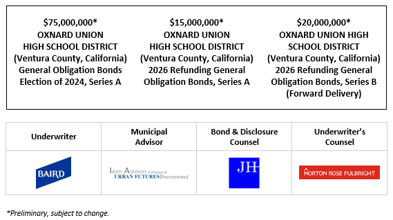 $75,000,000* OXNARD UNION HIGH SCHOOL DISTRICT (Ventura County, California) General Obligation Bonds Election of 2024, Series A $15,000,000* OXNARD UNION HIGH SCHOOL DISTRICT (Ventura County, California) 2026 Refunding General Obligation Bonds, Series A $20,000,000* OXNARD UNION HIGH SCHOOL DISTRICT (Ventura County, California) 2026 Refunding General Obligation Bonds, Series B (Forward Delivery) POS POSTED 1-30-26