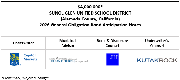 $4,000,000* SUNOL GLEN UNIFIED SCHOOL DISTRICT (Alameda County, California) 2026 General Obligation Bond Anticipation Notes POS POSTED 1-15-26