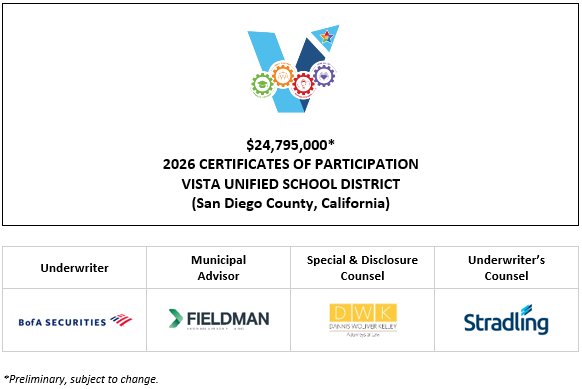 $24,795,000* 2026 CERTIFICATES OF PARTICIPATION Evidencing the Fractional Interests of the Owners Thereof in Lease Payments to be Made by the VISTA UNIFIED SCHOOL DISTRICT (San Diego County, California) POS POSTED 1-28-26