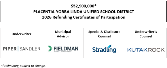 $52,900,000* PLACENTIA-YORBA LINDA UNIFIED SCHOOL DISTRICT 2026 Refunding Certificates of Participation Evidencing the Fractional Interests of the Owners Thereof in Lease Payments to be Made by the PLACENTIA-YORBA LINDA UNIFIED SCHOOL DISTRICT POS POSTED 1-6-26