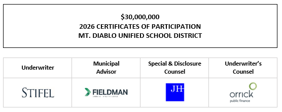 $30,000,000 2026 CERTIFICATES OF PARTICIPATION Evidencing the Direct, Undivided Fractional Interests of the Owners Thereof in Lease Payments to be Made by the MT. DIABLO UNIFIED SCHOOL DISTRICT to the Public Property Financing Corporation of California FOS POSTED 2-3-26