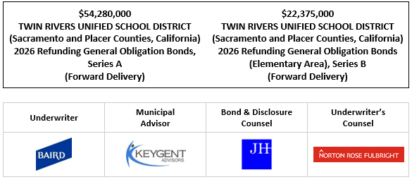 $54,280,000 TWIN RIVERS UNIFIED SCHOOL DISTRICT (Sacramento and Placer Counties, California) 2026 Refunding General Obligation Bonds, Series A (Forward Delivery) $22,375,000 TWIN RIVERS UNIFIED SCHOOL DISTRICT (Sacramento and Placer Counties, California) 2026 Refunding General Obligation Bonds (Elementary Area), Series B (Forward Delivery) FOS POSTED 2-17-26